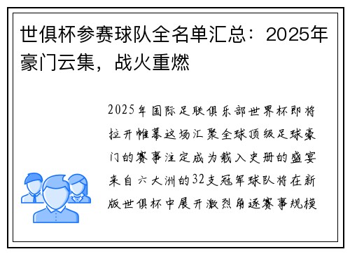 世俱杯参赛球队全名单汇总：2025年豪门云集，战火重燃