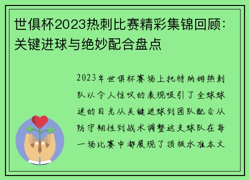 世俱杯2023热刺比赛精彩集锦回顾：关键进球与绝妙配合盘点